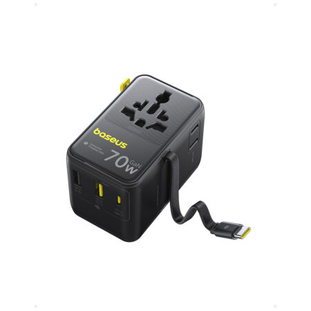 Адаптер питания, Baseus, E0307E00, EnerCore CG11, Universal Travel Adapter, 70W, 6 активных портов, 2AC+2U+1C+USB-C кабель, PD Fast Charge, Выдвижной USB-C кабель, Международные вилки, 100-240V, Защита от перегрева, Черный