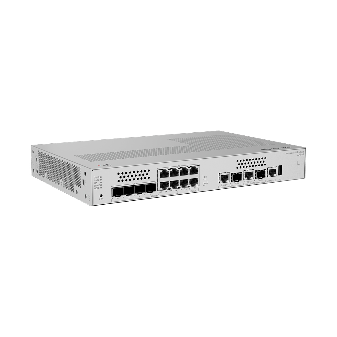 Маршрутизатор, Huawei, AR580 (AR580-8ST2NX), 110GE SFP+/2.5GE Combo WAN, 2GE WAN, 110GE SFP+/2.5GE Combo LAN, 4GE Combo LAN (RJ45/SFP), 2GE LAN, 1USB 2.0, встроенный блок питания AC, безвентиляторное исполнение.