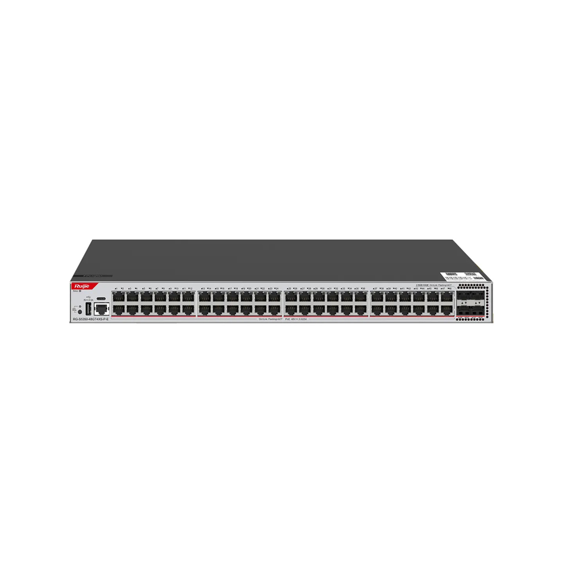 Коммутатор, Ruijie, RG-S5350-48GT4XS-P-E, управляемый L3, 48xGE PoE/PoE+, 4x1/2.5/10GE SFP+, PoE-бюджет до 405 Вт, VLAN, QoS, ACL, IPv4/IPv6, встроенный блок питания, стоечный 1U
